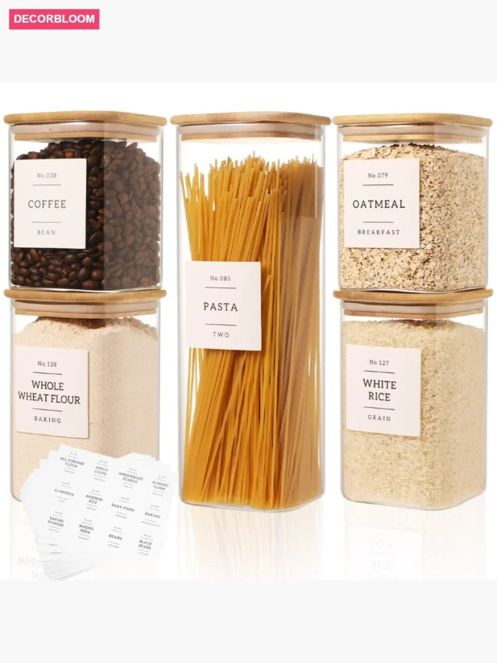 6-Pack Square Glass Pantry Storage Jars with Bamboo Lids & Labels